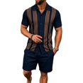 thumbnail image 4 of Men's 2 Piece Outfits Sets Vintage Knit Striped Button Down Polo Shirt & Shorts Sets Short Sleeve Polo Casual Beach Suits Navy XXXL, 4 of 4