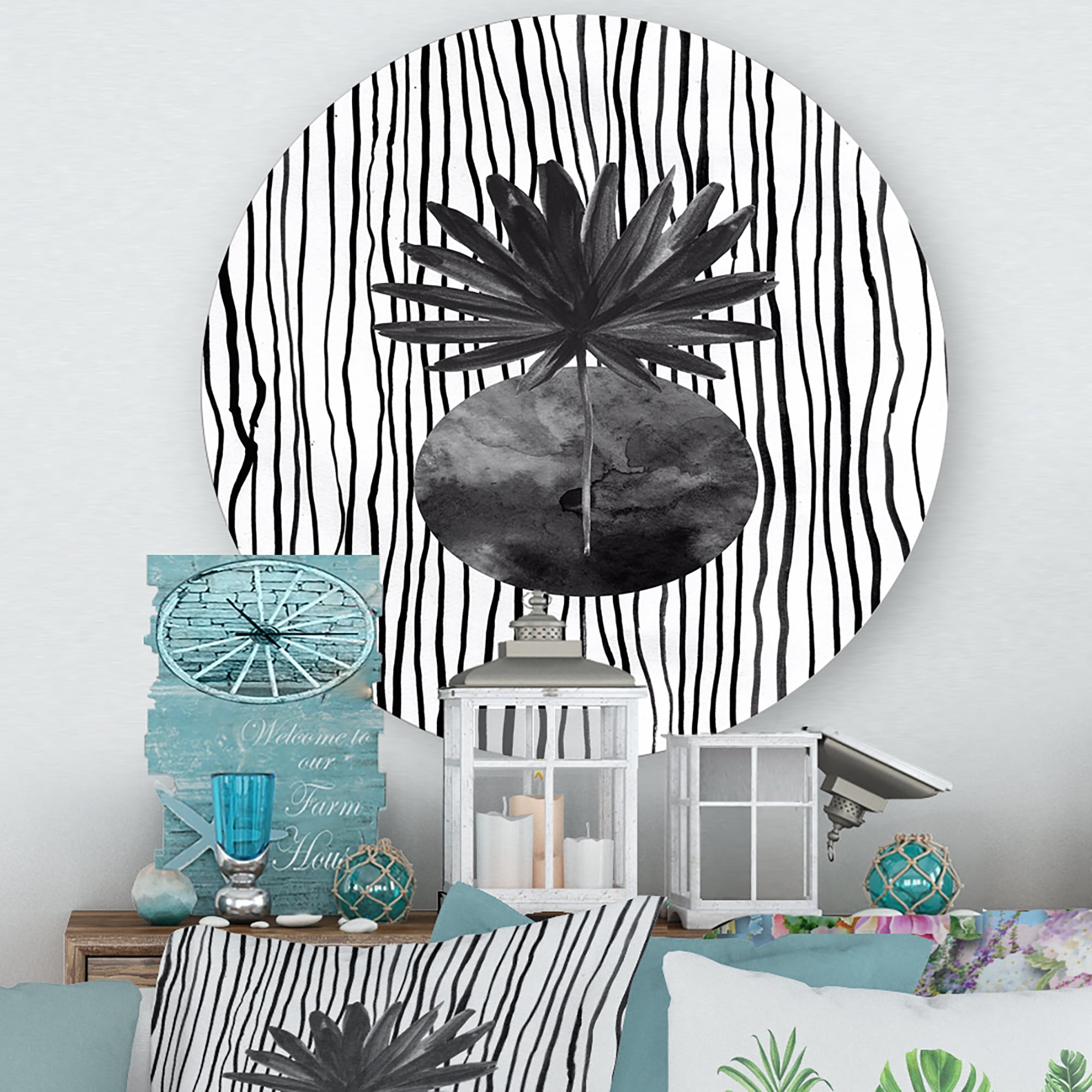 Designart 'Black and White Striped Under Tropical Leaf I' Modern Circle Metal Wall Art 11x11 - Disc of 11