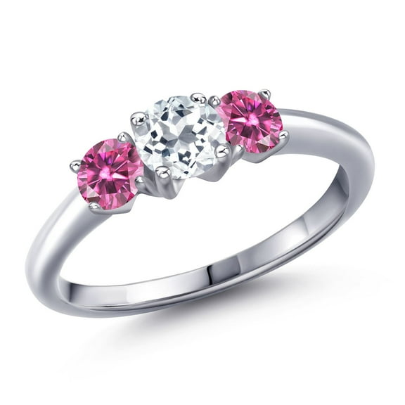 Gem Stone King 925 Sterling Silver White Topaz and Pink Moissanite Engagement Ring for Women | 1.06 Cttw | Round 5MM | Gemstone November Birthstone | Size 5
