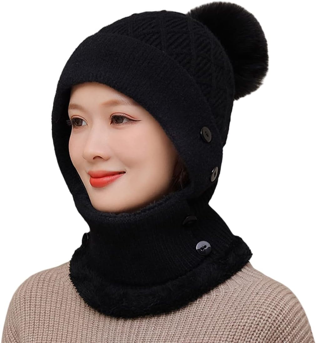 Zhengup Women Winter Beanie Hats One Piece Fleece Lined Knit Balaclavas Mask Set Skull Neck Circle Scarf Ski Snow Hat Pompom