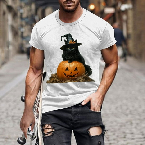 Blusas y camisas de manga corta y cuello redondo para hombre. Blusas/camisetas de manga corta con cuello redondo y estampado de Halloween para hombre. Blusa para hombre.