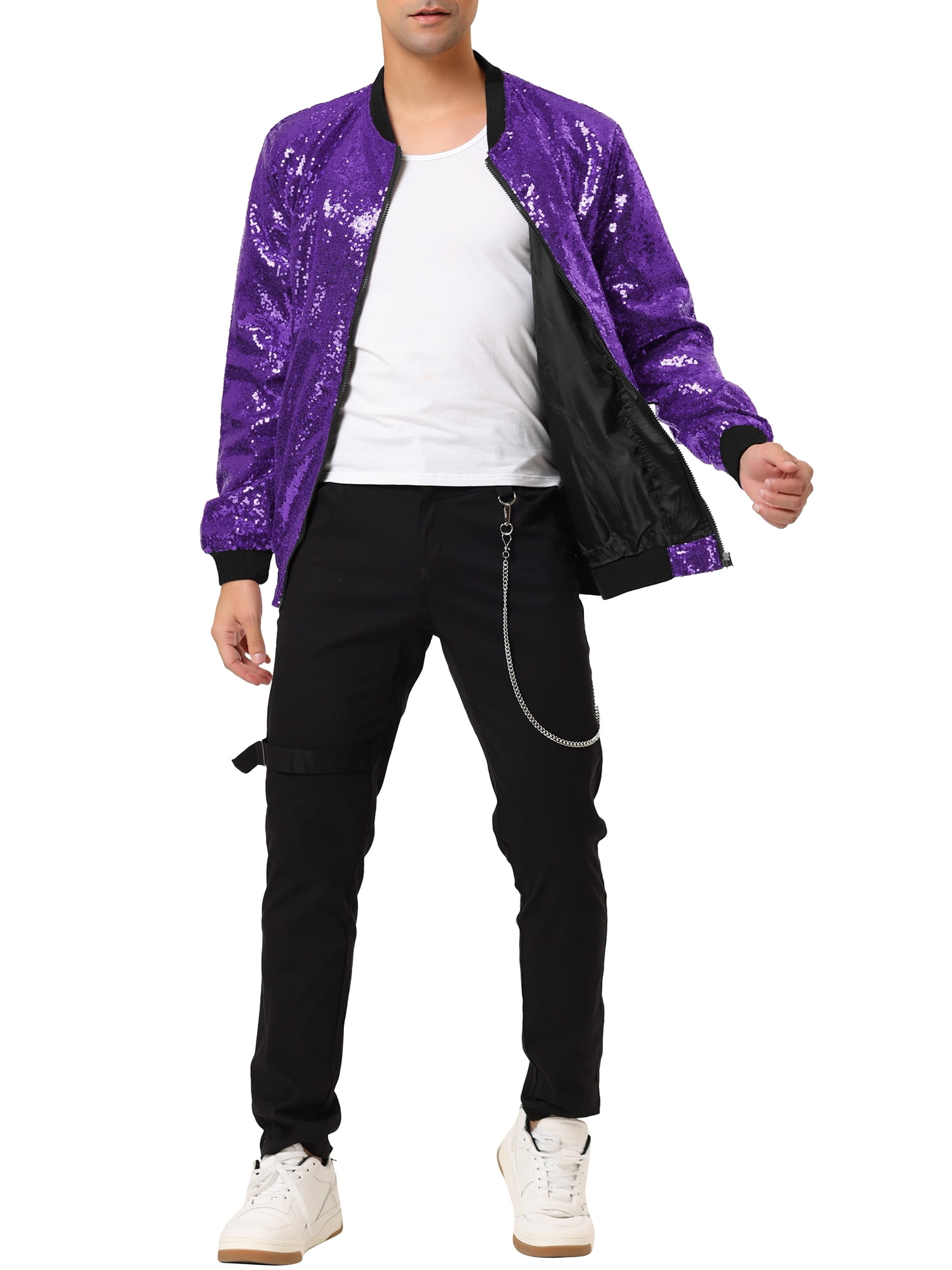 Unique Bargains Men's Long Sleeves Sequin Varsity Zipper Bomber Jacket XL Purple