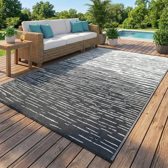 8x10 ft Outdoor Rug Waterproof, Modern Abstract Wave Plastic Straw Mat,Foldable Camping Rugs, Reversible UV Resistant Carpet for Backyard,Deck,Picnic,Balcony