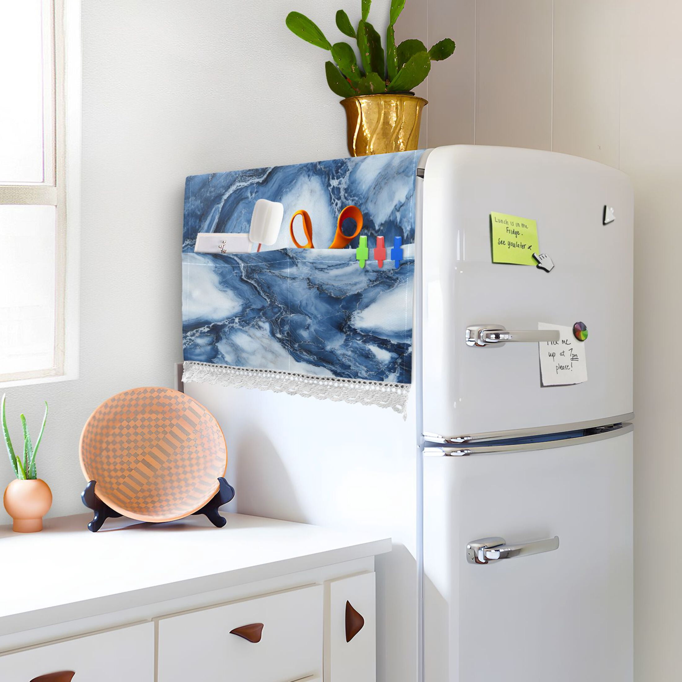 Ink Blue White MarbleWasher and Dryer Covers Dust-Proof and Oil Resistant Fridge Cover with 4 Storage Pockets Washing Machine Top Cover for Laundry Kitchen Home 51.2 x 22 In