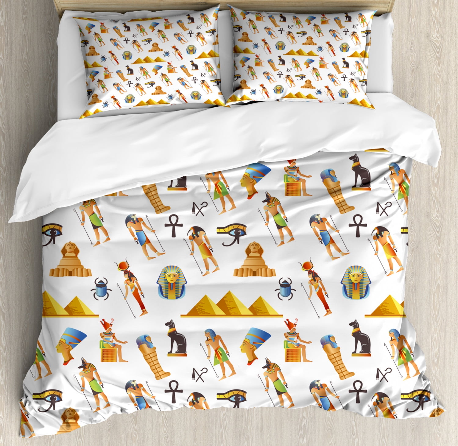 Travel Duvet Cover Set, Egyptian Themed Mythological Signs Pyramids and