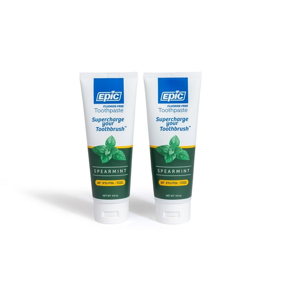 Epic Xylitol Toothpaste - Made with Xylitol for Clean Teeth & Gum Health - Fluoride Free Toothpaste Adult - SLS Free, Spearmint Flavored, 4.9oz Tube (Pack of 2)