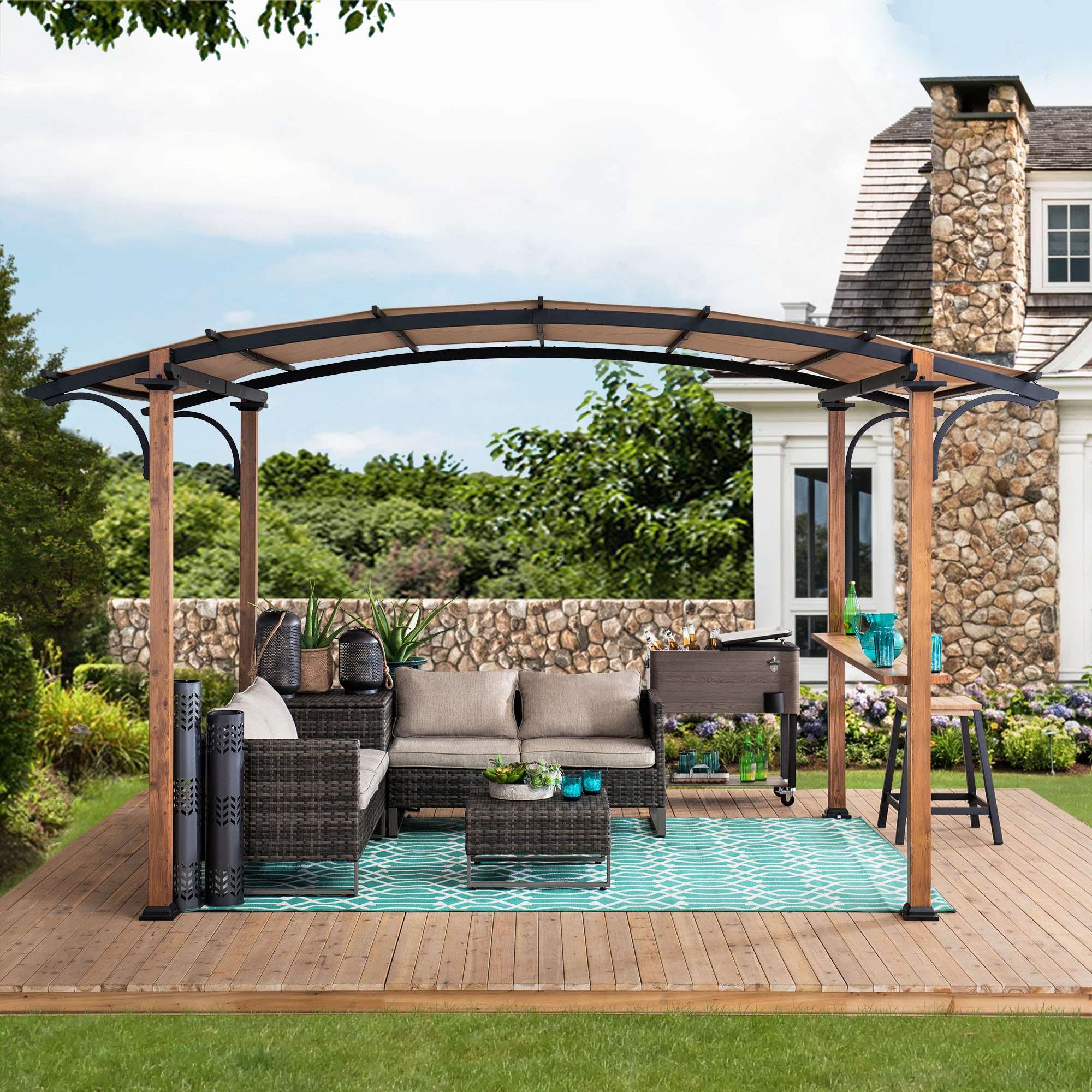 Sunjoy Beechhurst 10 ft. x 7.75 ft. Steel Arched Pergola with Natural Wood Looking Finish and Tan Shade