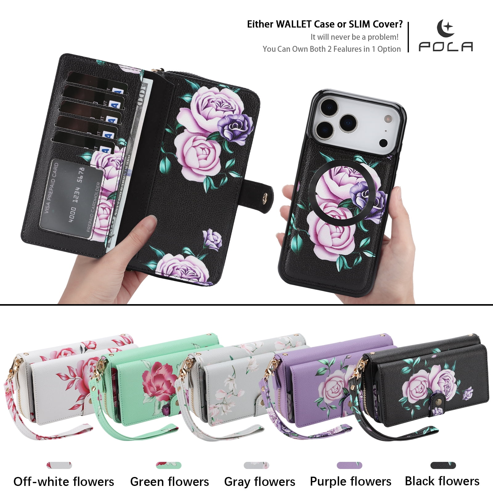 TECH CIRCLE 2-in-1 Wallet Case for iPhone 16 (6.1", 2024), Detachable Magnetic Back Cover, Flip Flower Phone Case with 15 Card Slots, Zipper Pocket, Crossbody Strap, Wrist Strap, Black
