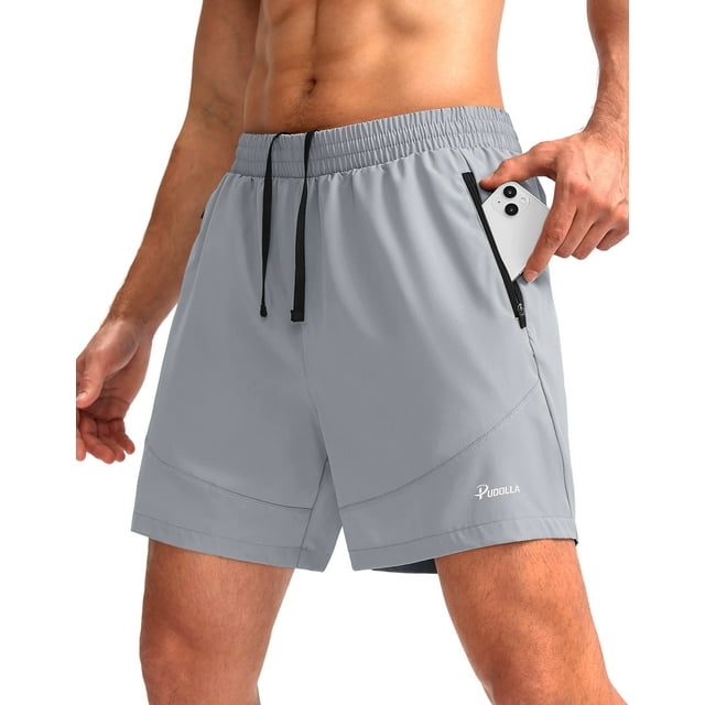 Pantalones cortos para correr Pudolla para hombre, entrenamiento, atlético, color gris XL