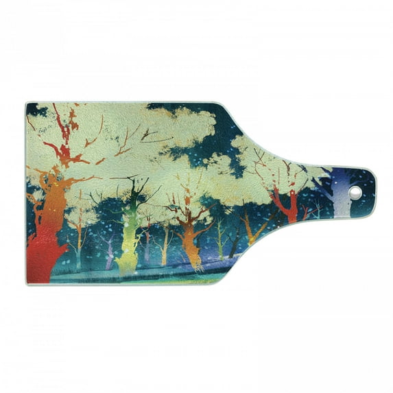 Fantasy Cutting Board, Fictional Forest with Stereoscope Trees Dimensional Vibrant Colored Depth Image, Tempered Glass Cutting and Serving Board, Wine Bottle Shape, Multicolor, by Ambesonne