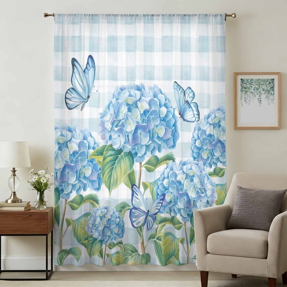 Blue Floral Sheer Curtains 63 Inches Long, Summer Botanical Flowers Plaid Hydrangeas Light Filering Curtains, Breathable Simi Curtain Privacy Drapes for Living Room Bedroom Window Treatment
