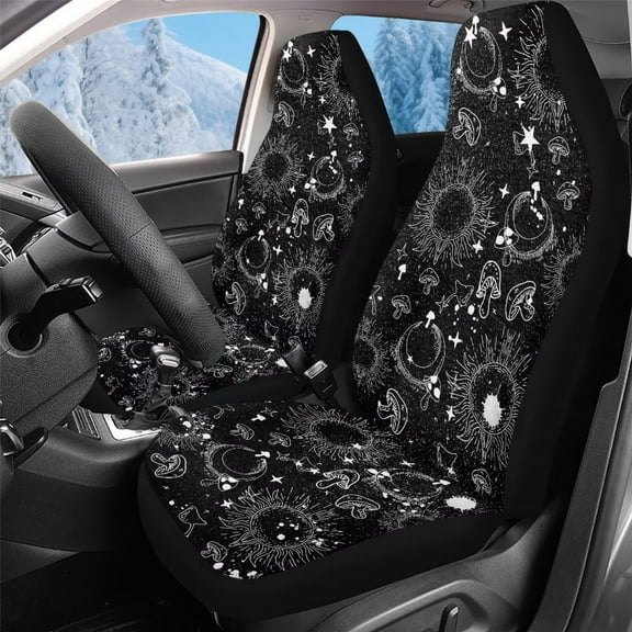 Uorisanigo Car Seat Covers Front Only, Set of 2, Comfy Blanket Cloth Mushroom Moon Sun Driver Seat Cover Protection for Most Vehicle, Elastic Car Seats Cushion