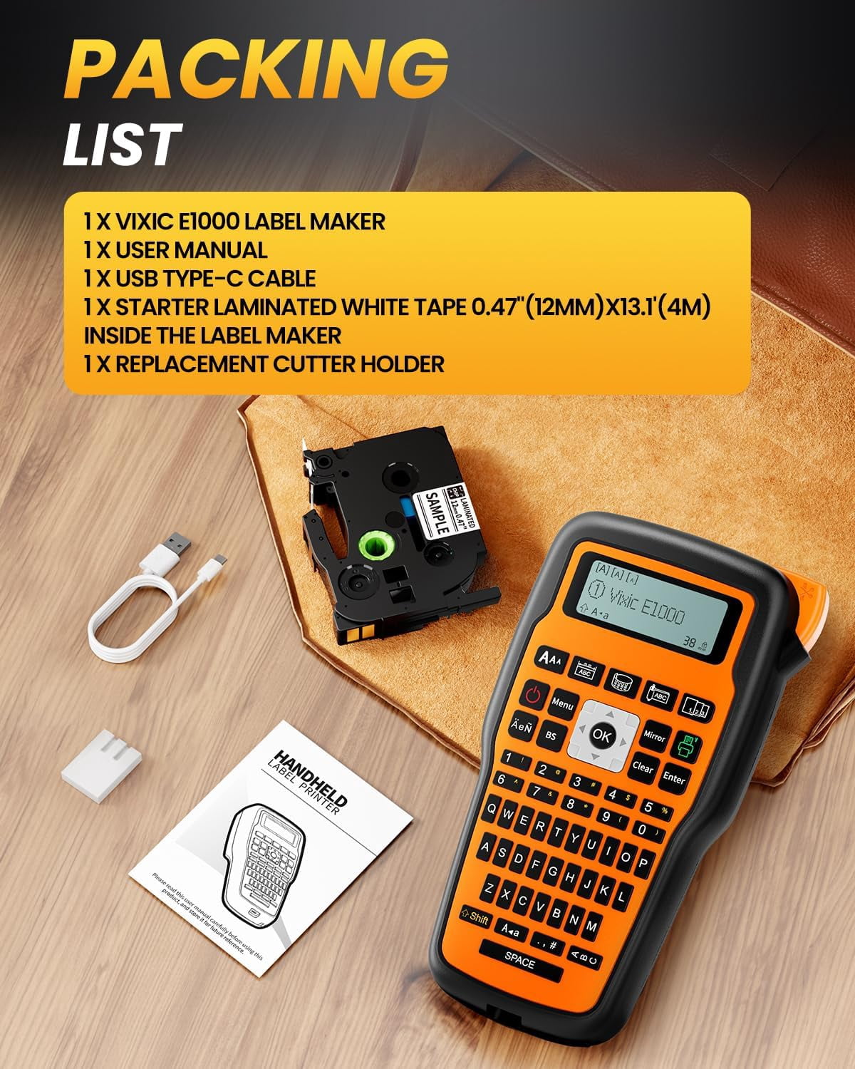 Phomemo Upgraded Industrial Label Maker, QWERTY Keyboard with 4 Roll 12mm Label Tape Included - Prints 3 Lines, Time-Saving Hot Keys Prints Fast Durable For Job Sites and Heavy-Duty Labeling Jobs