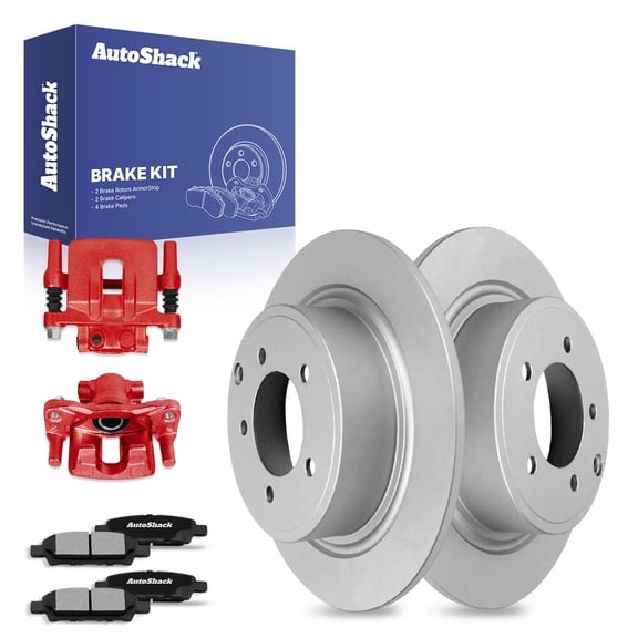 AutoShack Rear Brake Rotors Ceramic Brake Pads Calipers Red | Replacement for 2014-2017 Mitsubishi Lancer 2.4L AWD FWD | Coated | 8-PC Brake Kit | ArmorStop