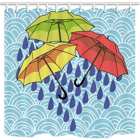 BOSDECO Cartoon Red Umbrella Raindrop Sea Wave Fairy Fantasy Tale World Polyester Fabric Bathroom Shower Curtain 66x72 inches