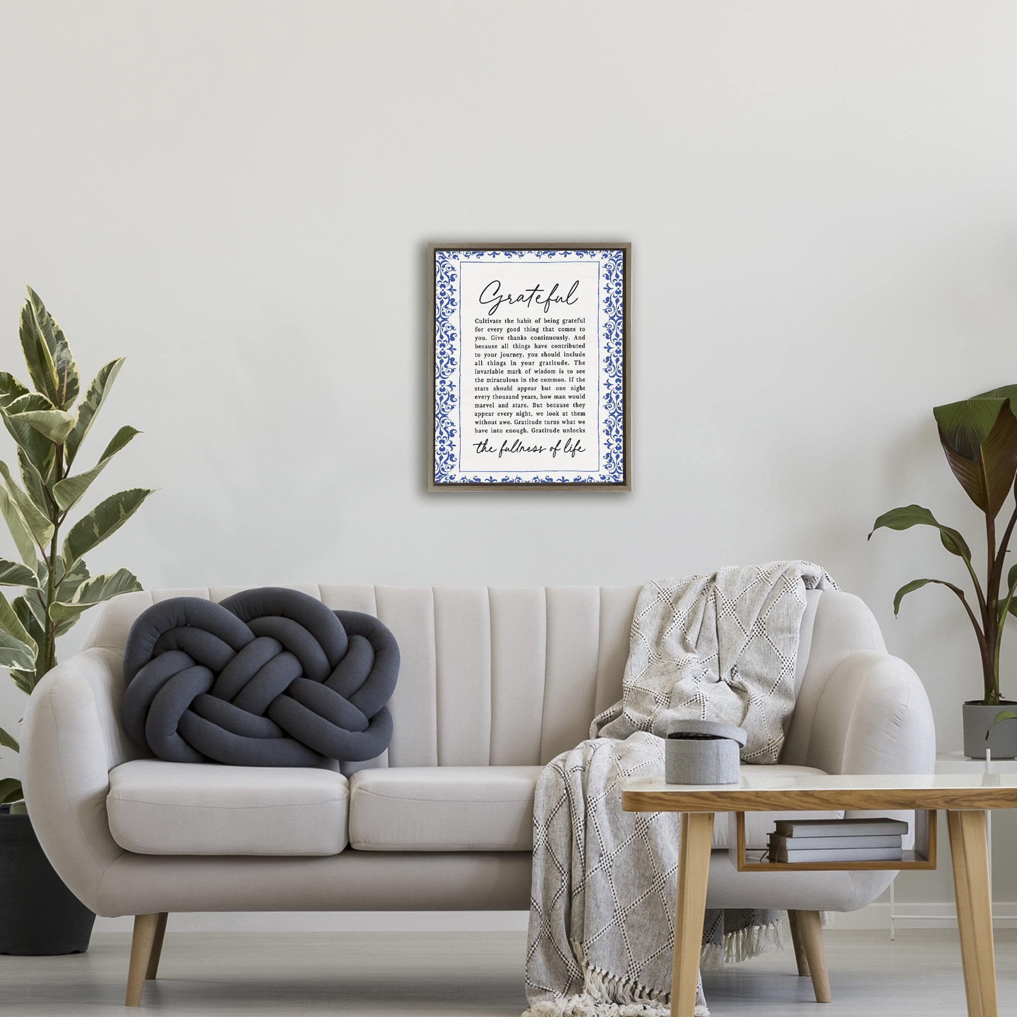 Gratitude Unlocks Fullness Of Life Brown Framed Floater Canvas Wall Art, design by Lettered and Lined