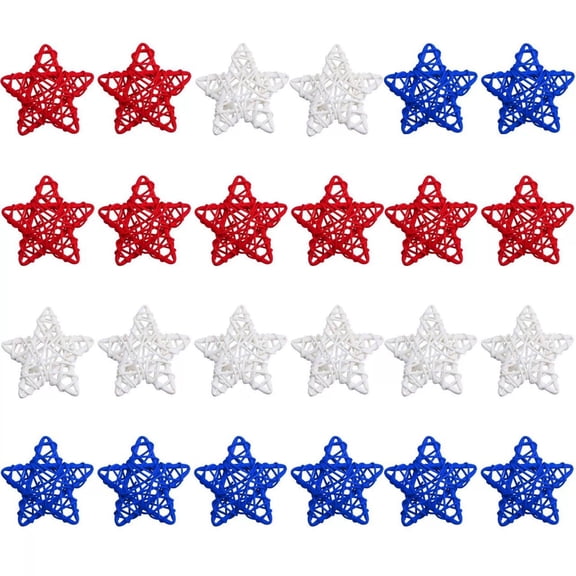 24 Pcs 4th of July Natural Rattan Stars - Red, White Blue Wicker Rattan Stars for Independence Day Home Decor, DIY Craft Vase Bowl Filler, Table Decoration Ornament