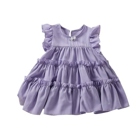 

Summer Solid Color Fashion Lace Sleeve Little Girls Dress Princess Kids Baby Sweet Sundress Outwear Leisure Dailywear