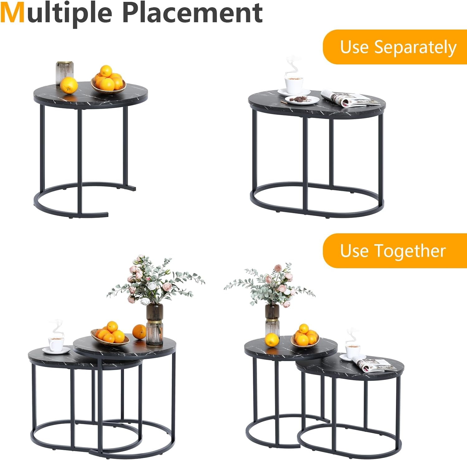 aboxoo Nesting Coffee Table Set of 2 Modern Round Black Faux Marble Wood Table,Side Table Gold Metal Frame Oval End Table Small Space for Living Room,Bedroom,Studio Apartment Essential