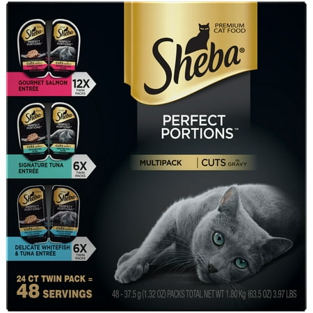 Home Gourmet Food - SHEBA PERFECT PORTIONS Wet Cat Food Cuts in Gravy Gourmet Salmon, Signature Tuna, Delicate Whitefish & Tuna Entrees Variety Pack, (24) 2.6 oz. Twin-Pack Trays
