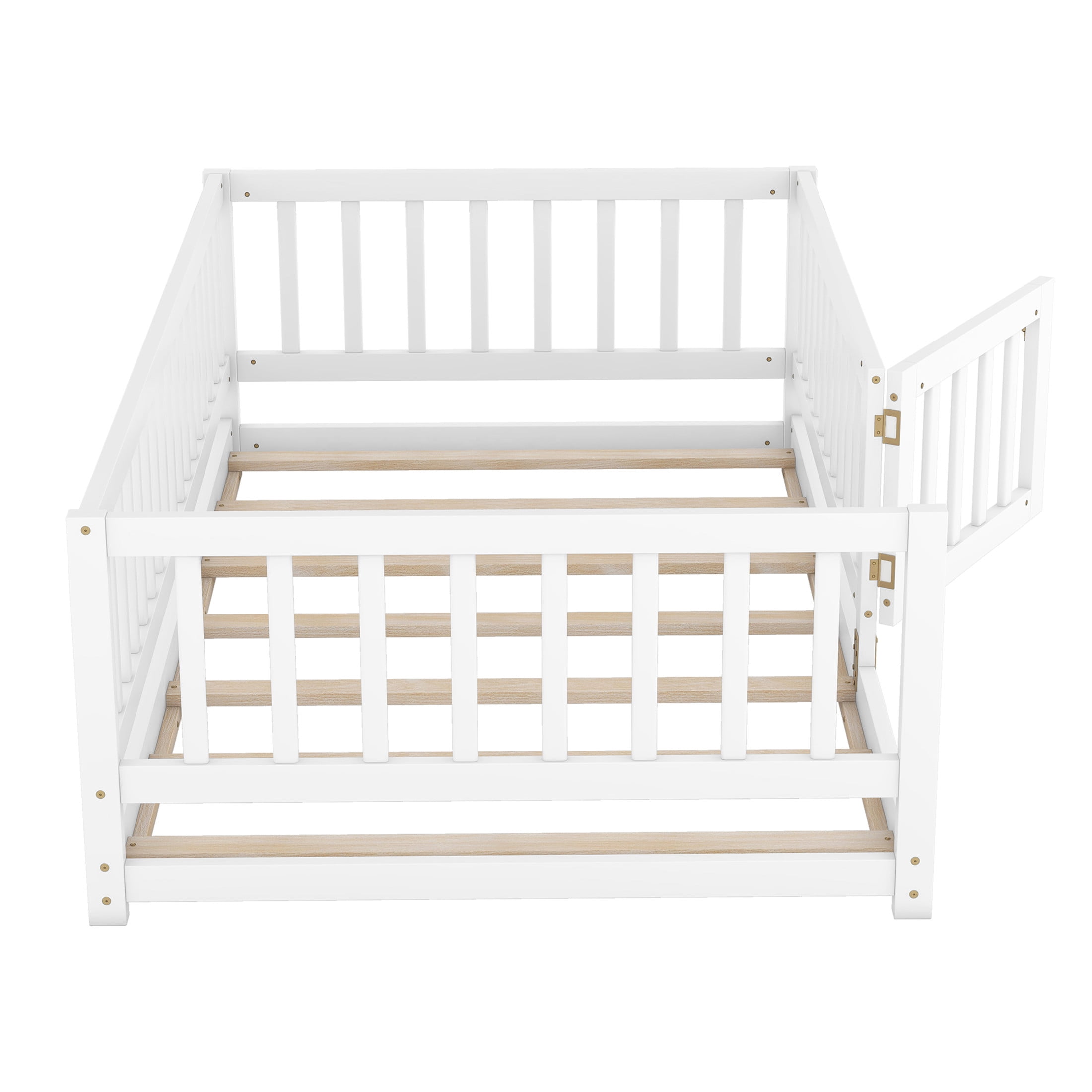 Noble House Auburn 77" Twin Montessori Floor Bed with Fence and Gate, Wood Bed Frame with Slats for Kids, White