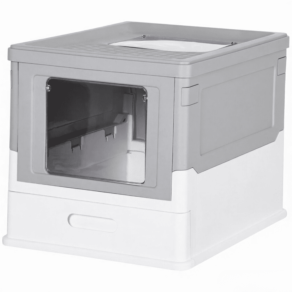 Fully Enclosed Cat Litter Box Front Entry & Top Exit Plastic Gray & White.