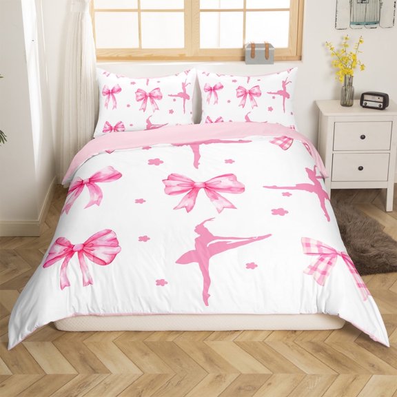 Erosebridal Floral Bow Tie Comforter Cover Twin,Geometric Plaid Bedding Twin Size,Ballet Theme Duvet Cover Twin,Ultra Soft Cartoon Bedroom Decorative(No Comforter),Reversible,3pcs