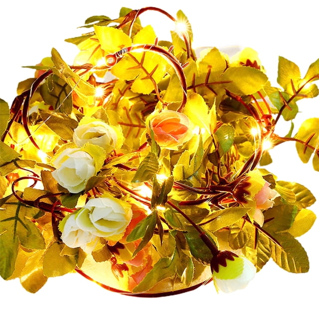 Flores artificiales leyfeng Hojas verdes 2.2M Vine String Light 25 Lámpara Perlas Constante Brillante Blanco cálido
