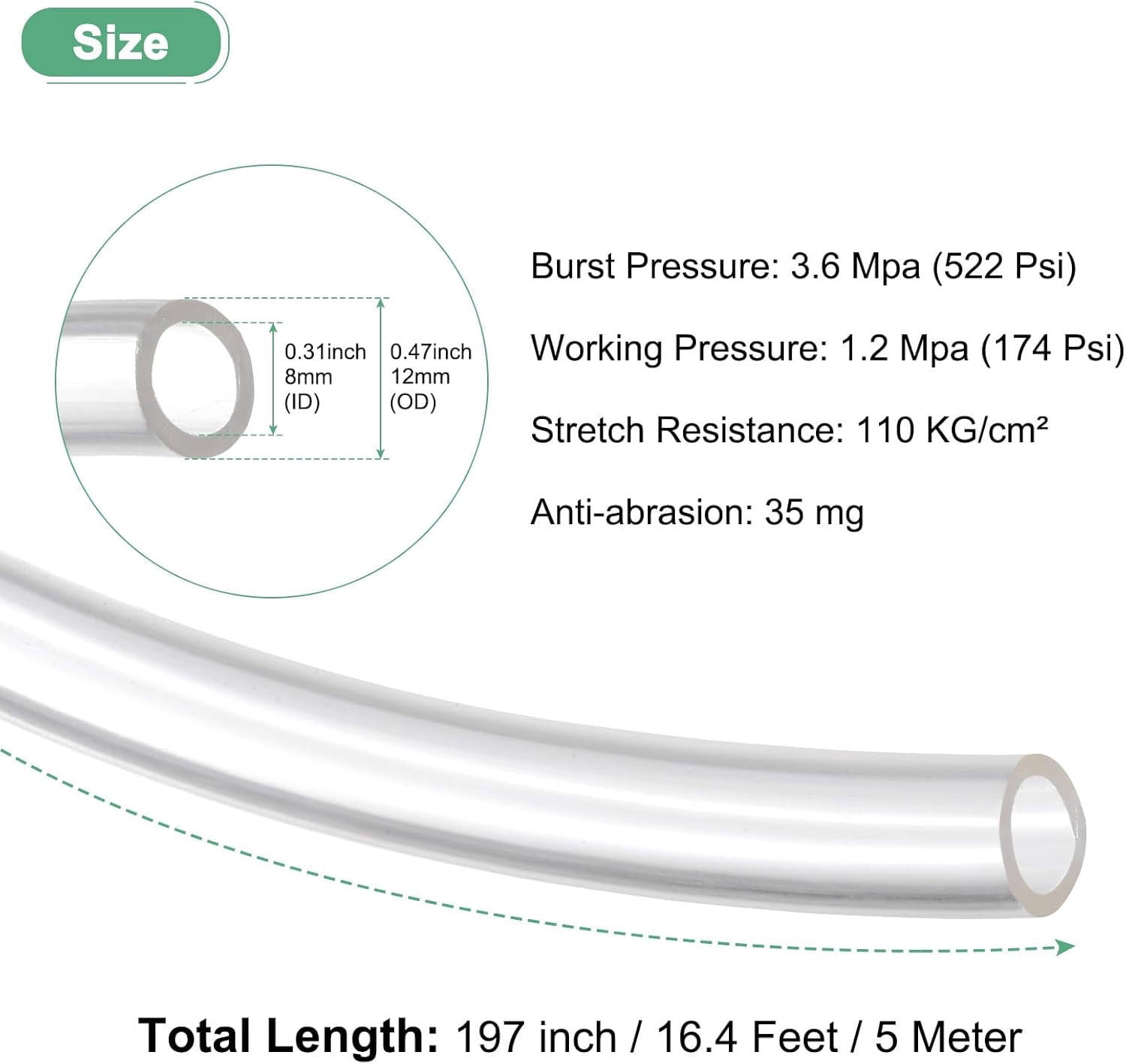 MKEUDQ-Pneumatic Tubing Pipe, 8mm(ID) x12mm(OD) PU Polyurethane Air Compressor Hose for Air Compressor Fitting/Gas/Fluid Transfer, Air Hose Line Tube [5M/16.4ft, Clear]