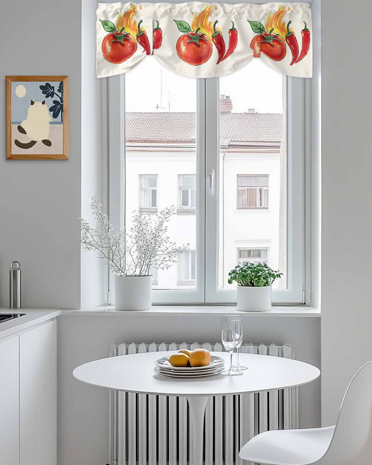 Tomato Chili Fire Tie Up Valances Curtain, Vegetable Kitchen Valances for Windows Decor, Rod Pocket Short Curtains Set for Bedroom/Bathroom, 54"x18"