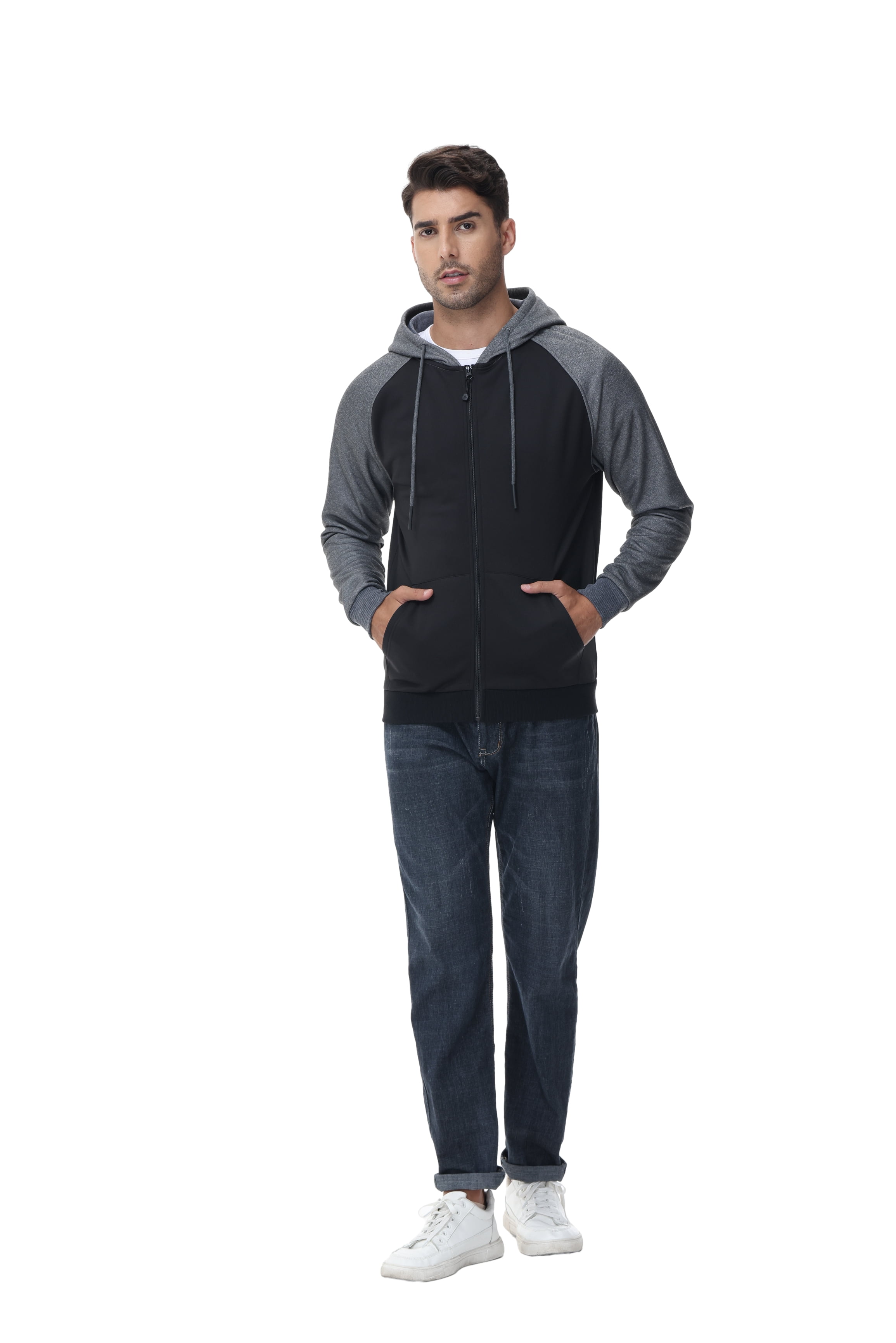 Weilanxin Men's Color Block Pullover Fleece Hoodie Casual Hooded Sweatshirts Tops Full Zip Jacket with Pocket Athletic Hoodies For Men Dark Grey Contrast Black M