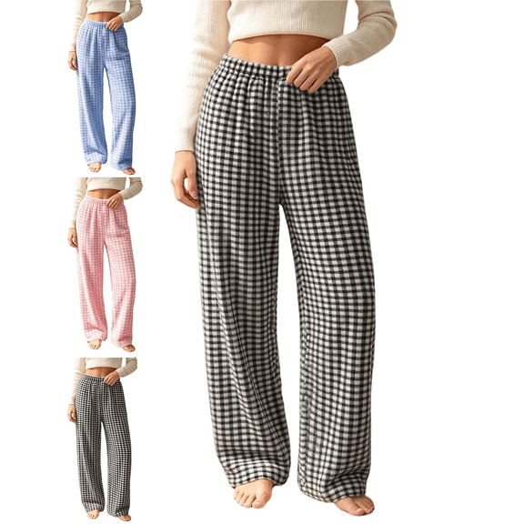 Women's Plaid Pajama Pants Comfy Lounge Pant Straight Leg Elastic Waist Sleep Bottoms Fall Winter Cozy Lady Sleepwear