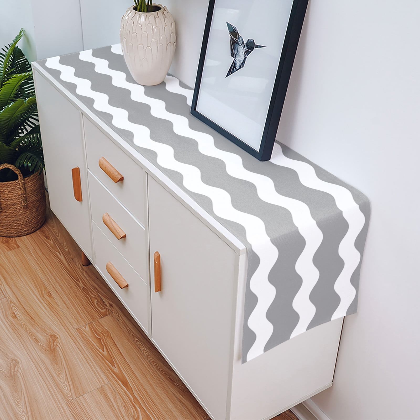 Table Runner Dresser Scarves 70 Inch Long, Grey White Abstract Sea Wave Linen Dining Table Runners Minimalist Geometry Stripe Art Tabletop Scarf for Wedding Holiday Party Kitchen