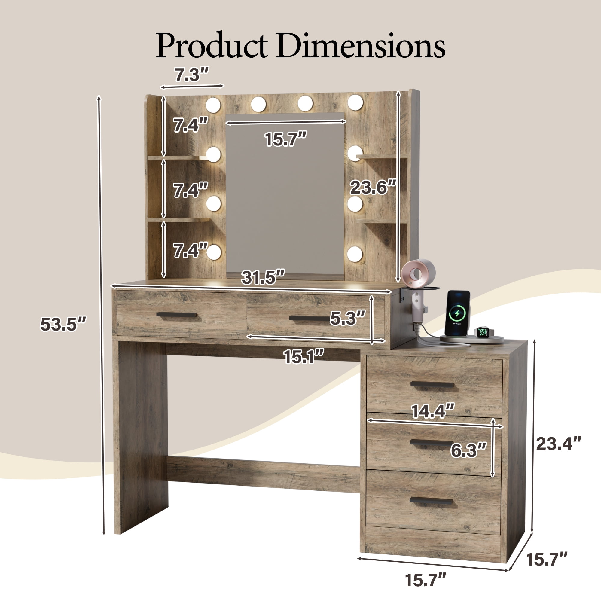 Homall Makeup Vanity Desk with LED Lights, Mirror & Power Outlet, Dressing Table with 4 Shelves and 5 Drawers, Vanity Set & Nightstand for Bedroom, Gray