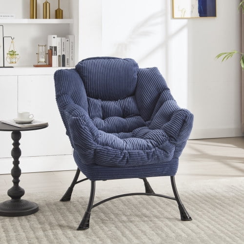 Lazy Chair with Ottoman, Modern Lounge Accent Chair with Armrests & Side Pocket, Upholstered Sofa Reading Chair with Footrest for Small Space, Corner Chair, Navy Blue