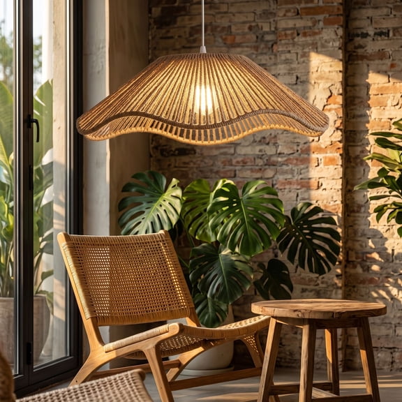 Handwoven Rattan Hat Lamp Shade Bohemian Pendant Light for Living Room