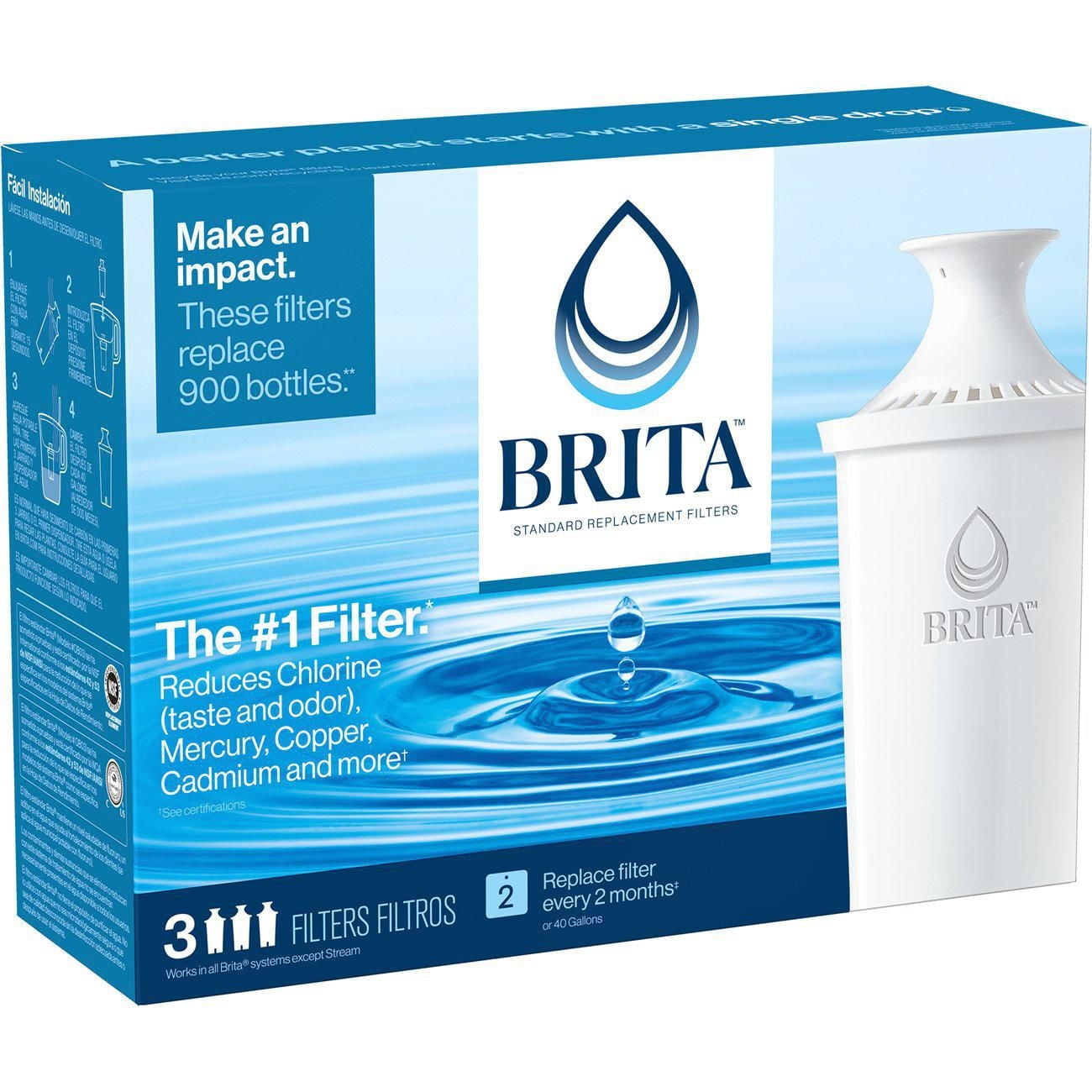 Filtre de rechange Brita standard, réduit les contaminants tout en conservant les minéraux sains, certifié par la WQA pour la réduction du chlore afin d’améliorer le goût de l’eau, fabriqué sans BPA, 3 filtres par boîte