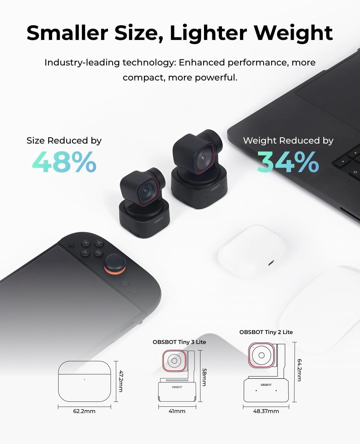 OBSBOT Tiny 3 Lite AI-Powered Spatial Audio 4K Webcam - Compact AI Tracking