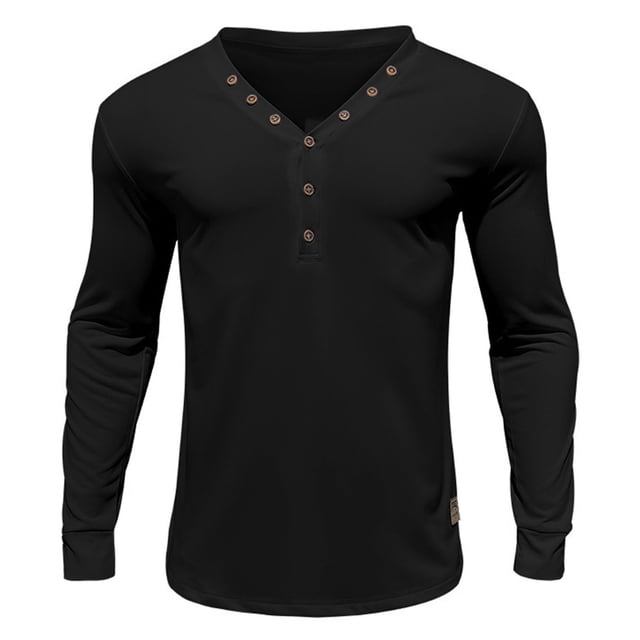 Men's Solid Color Thin Section Long Sleeve Button V-Neck Slim Fit Casual T-Shirt - Polyester, Multi-Size Available