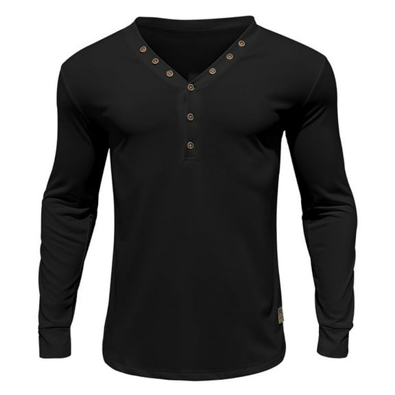 Men's Solid Color Thin Section Long Sleeve Button V-Neck Slim Fit Casual T-Shirt - Polyester, Multi-Size Available