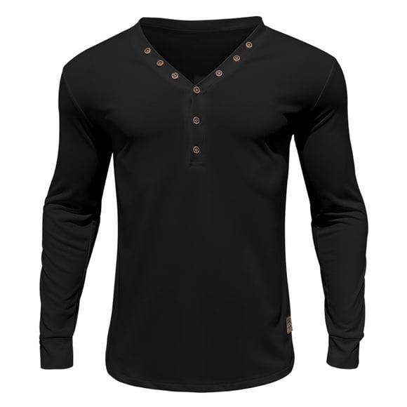 Hiiyo Men's Henley T-Shirt Solid Color Long Sleeved T Shirt Undershirt, Black