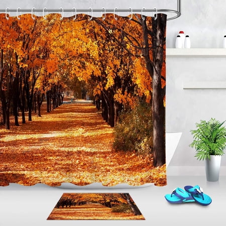 Fall Theme Shower Curtain Brown Trees with Faded Leaves Coverd Pathway ...
