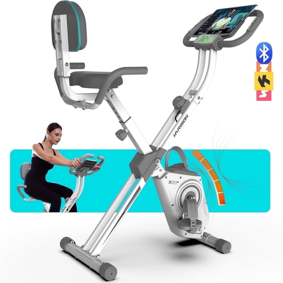 HARISON Foldable Exercise Bike 350 lb Capacity, 4 in 1 Magnetic Stationary Bikes for Home with 16-Level Resistance and Bluetooth, Magnetic X-Bike with LCD Monitor & Back Support