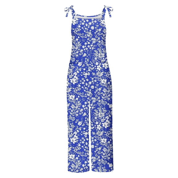 OVBMPZD Wide Leg Jumpsuits for Women Plus Size Blue Strap Floral Baggy Pockets Fall Jumpsuits Women's Rompers L