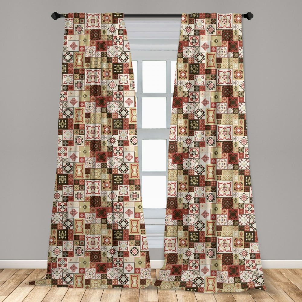 Moroccan Curtains 2 Panels Set, Tile Pattern with Squares of Various