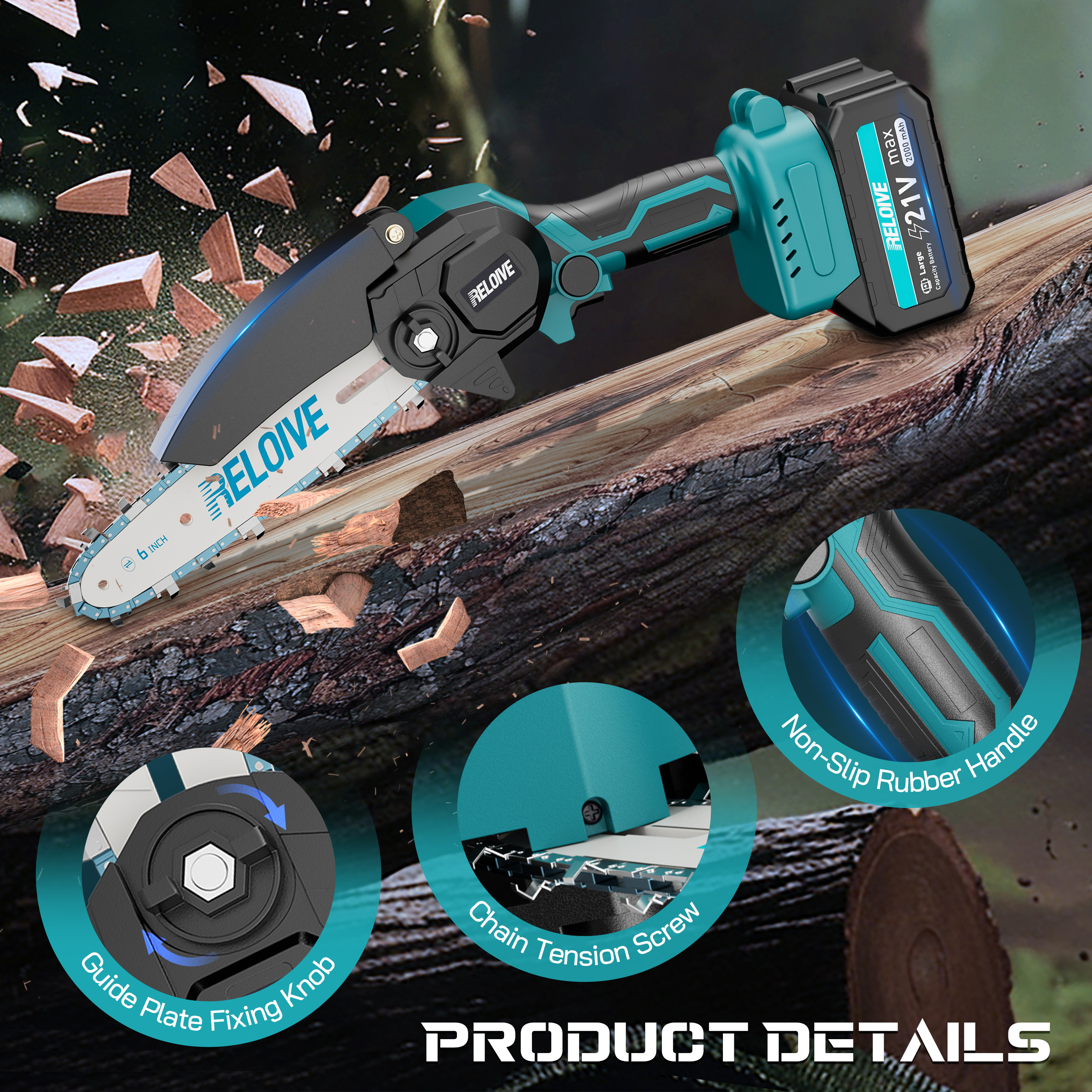 RELOIVE 6 in Mini Chainsaw with 2PCS 2.0 Ah Batteries 3 Chains,Cordless Small Handheld Chain Saw for Wood Cutting Tree Trimming