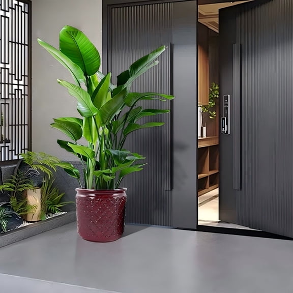 Set of 3 Bean Paste Red Ceramic Flower Pots, Glossy Striped Design with Drainage Holes, Weather-Resistant Planters for Indoor/Outdoor Gardening