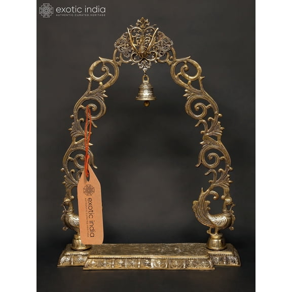 45" Large Tusk Peacock Brass Prabhavali (Arch) with Bell | Handmade