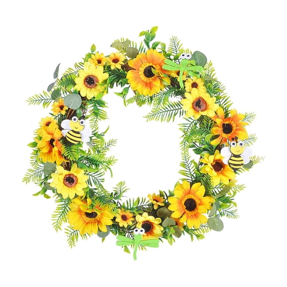 AURIGATE Summer Sunflower Front Door Wreath,13.77 inch Yellow Artificial Flower Wreath with Bees & Dragonflies for Home Garden Porch Patio Decor