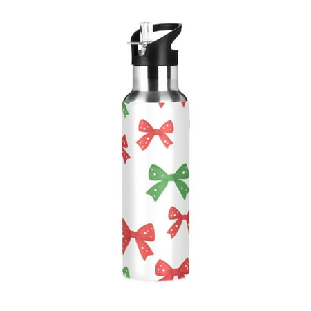 

600/1000ML Stainless Steel Sport Water Bottle with Straw Lid Leak Proof Vacuum Insulated Mug for Outdoor Activities Cycling Running & Walking Red and Green Bows